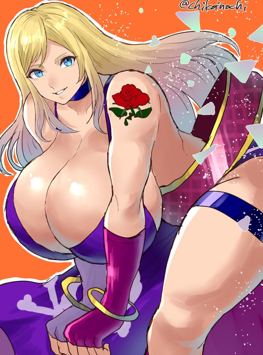 1girls 2d 2d_(artwork) alternate_breast_size big_breasts blonde_hair blue_eyes bonne_jenet breasts breasts_bigger_than_head chikoinochi cleavage curvaceous curvy_female dress dress_slit fatal_fury:_city_of_the_wolves feet_out_of_frame female female_only flower_tattoo garou:_mark_of_the_wolves gigantic_breasts gloves huge_breasts king_of_fighters large_breasts leaning_forward light-skinned_female light_skin long_hair purple_dress rose rose_tattoo shoulder_tattoo snk solo straps tattoo thick_thighs voluptuous voluptuous_female wide_hips