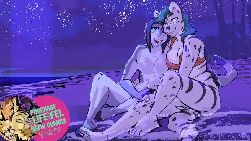 16:9 advertisement animal_humanoid anthro digital_media_(artwork) duo female female/female fish green_hair hair hi_res humanoid hyena kenno_arkkan malina_miller_(huldinha) mammal marine night nude seaside shark sharon_(my_life_with_fel) widescreen