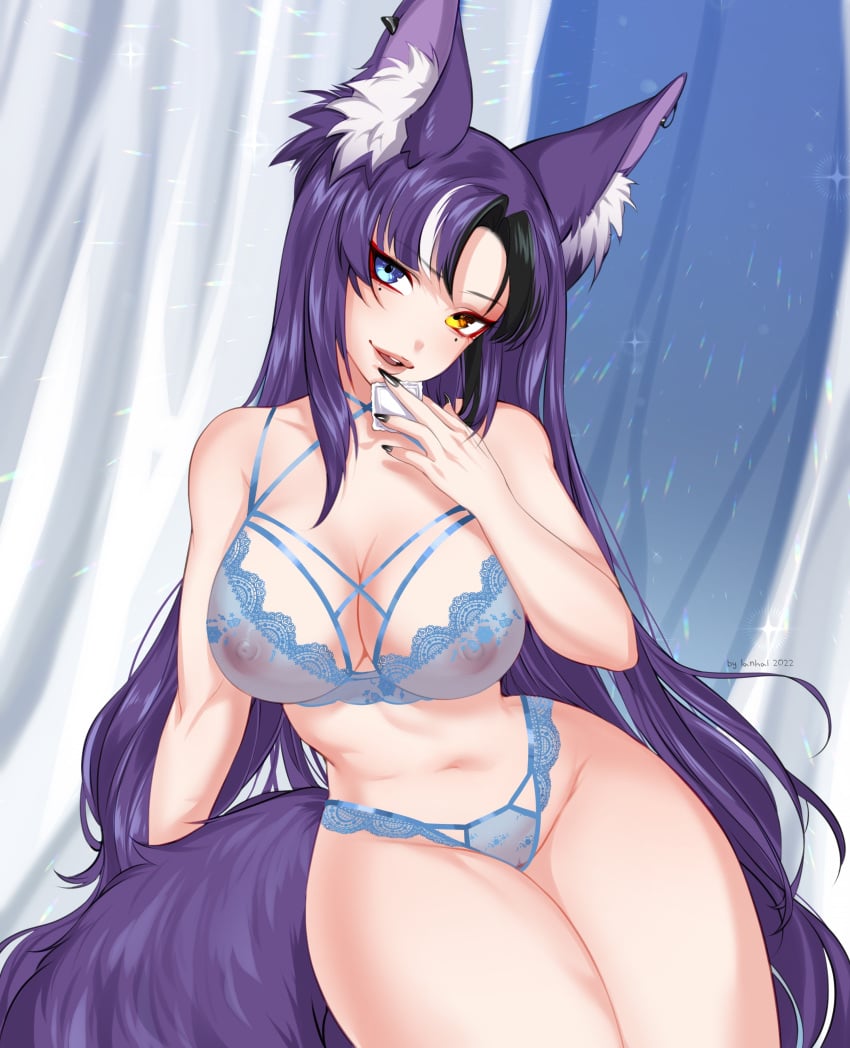 absurdres animal_ear_fluff animal_ears artist_name awful_queen_(vtuber) bad_source black_nails breasts female fox_tail heterochromia highres indie_virtual_youtuber lanhai large_breasts looking_at_viewer mole mole_under_eye monster_girl parted_lips purple_hair see-through tail thick_thighs thighs underwear virtual_youtuber