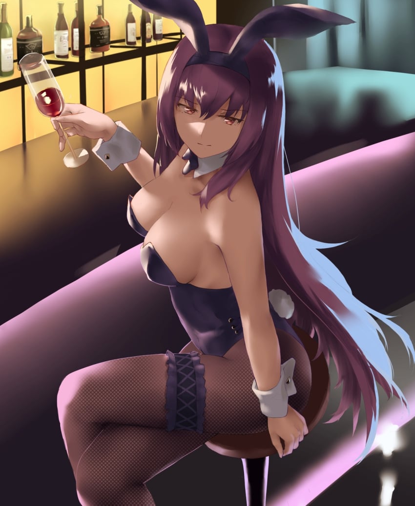 adult adult_female animal_ears arm_support bare_shoulders black_bowtie black_bunny_ears black_hairband black_legwear black_leotard black_pantyhose black_thighband blush bowtie breasts bunny_ears bunny_girl bunny_tail bunnysuit busty busty_female cleavage collar crossed_legs crossing_legs den_(kur0_yuki) detached_collar fake_animal_ears fate/grand_order fate_(series) female fishnet_pantyhose fishnets hair_between_eyes hairband highleg highleg_leotard indoor indoors large_breasts legs_crossed legwear leotard long_hair looking_at_viewer mature mature_female official_alternate_costume pantyhose playboy_bunny purple_eyebrows purple_eyes purple_eyes_female purple_hair purple_hair_female purple_leotard rabbit_ears red_eyes scathach_(fate) scathach_(piercing_bunny)_(fate) solo stool thighband thighs white_collar white_wrist_cuffs wine wine_bottle wine_glass wrist_cuffs