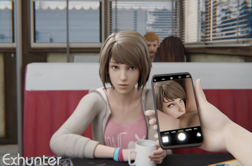 2girls 3d 3d_(artwork) brown_hair cunnilingus exhunter female full_color fully_clothed holding_phone juxtaposition life_is_strange looking_at_viewer max_caulfield phone phone_screen photo_comparison public yuri