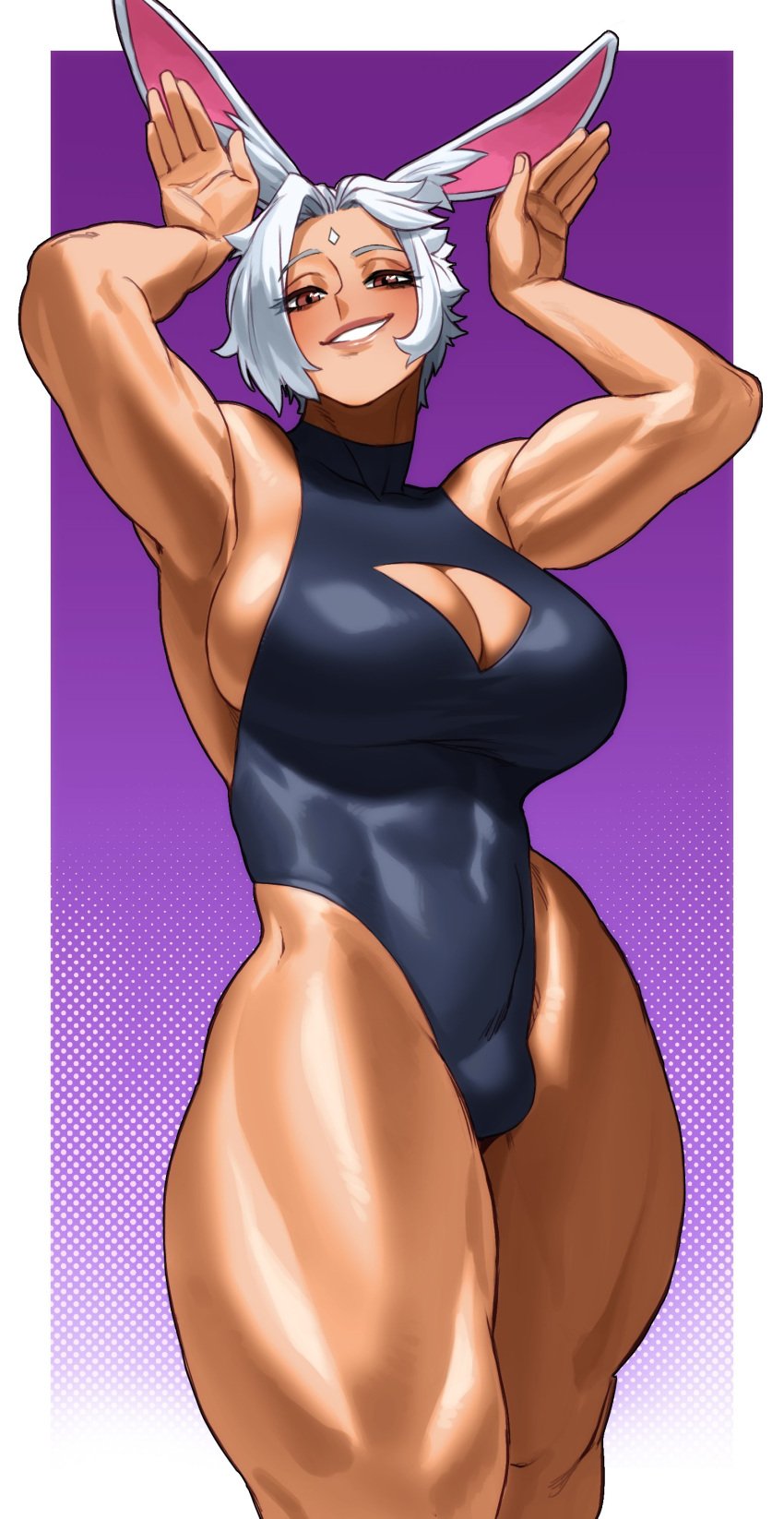 1futa animal_ears big_breasts breasts brown_eyes bulge bunny_ears bunny_futa bunny_girl bunny_pose cleavage cleavage_cutout clothed clothing commission flaccid futa_only futanari humanoid kemonomimi leotard looking_at_viewer muscular muscular_futanari muscular_thighs narrowed_eyes partially_clothed pose sideboob smiling smiling_at_viewer solo sotcho standing thick_thighs very_high_resolution white_hair wide_hips