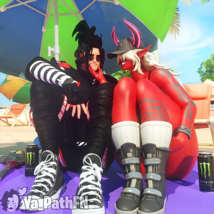 3d bangs bangs_over_eyes big_ass big_breasts big_butt big_penis couple curvy curvy_female cute_male dark_hair demon demon_girl demon_horns desdemona_(fortnite) fortnite love messy_hair muscular ponytail_male red_eyes red_skin romantic romantic_couple thick_ass thick_legs thick_penis thick_thighs twitter twitter_username white_hair ya_path yoshida_(ya_path)