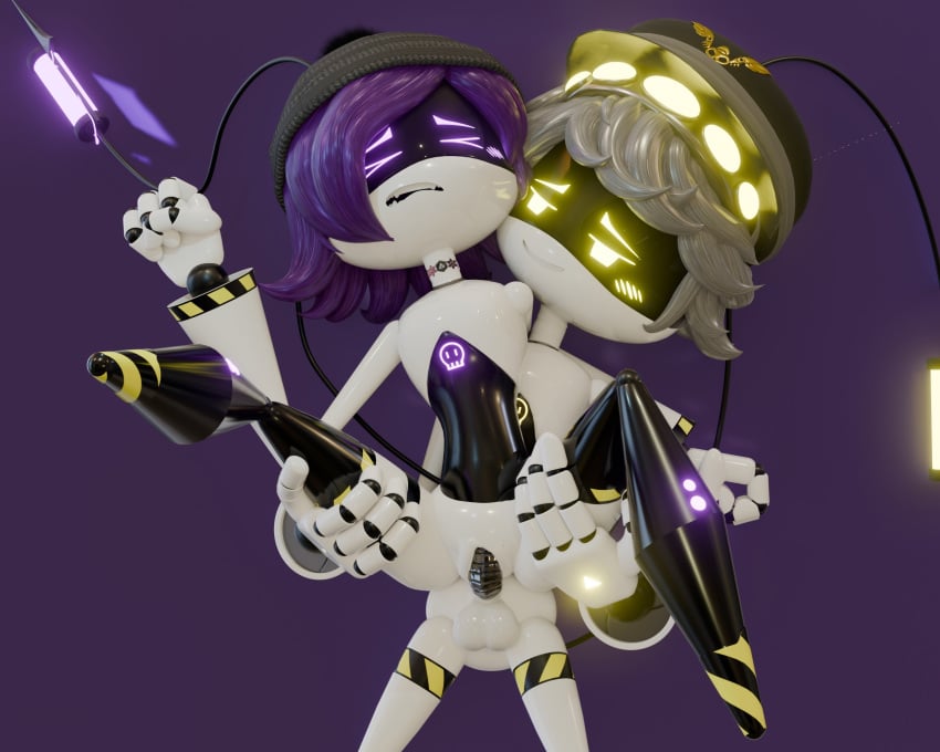 1boy1girl alexandrstariy cute drone glitch_productions gray_hair murder_drones n_(murder_drones) purple_eyes purple_hair robot robot_boy robot_girl standing standing_sex uzi_(murder_drones) vaginal_penetration vaginal_sex white_body yellow_eyes