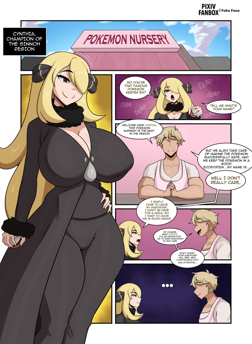 big_breasts blonde_hair clothed cynthia_(pokemon) fake_face pokemon tagme text