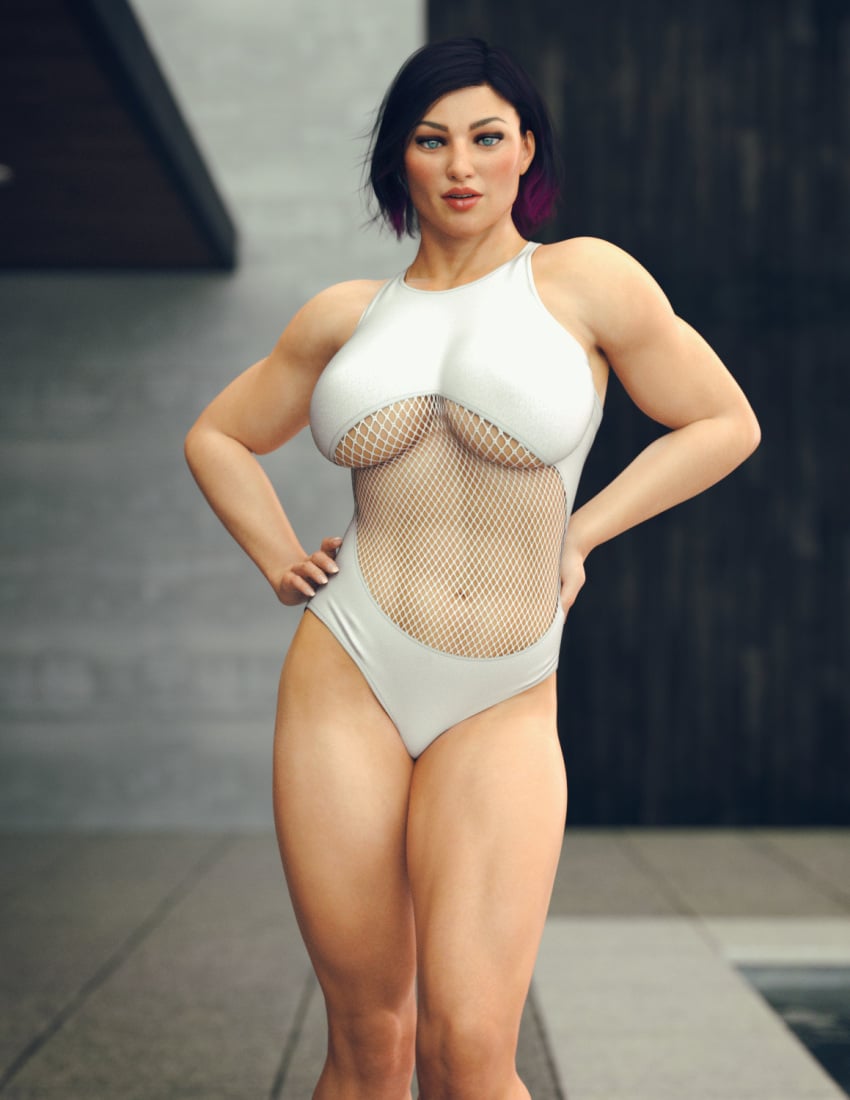 1girls 2019 3d abs angela_(jonasd) black_hair clothed clothing depth_of_field dyed_hair female female_only fishnets front_view huge_breasts jonasd jonasd-3dart looking_at_viewer mature mature_female milf muscular muscular_female original_character purple_hair solo solo_female standing two-tone_hair two_tone_hair