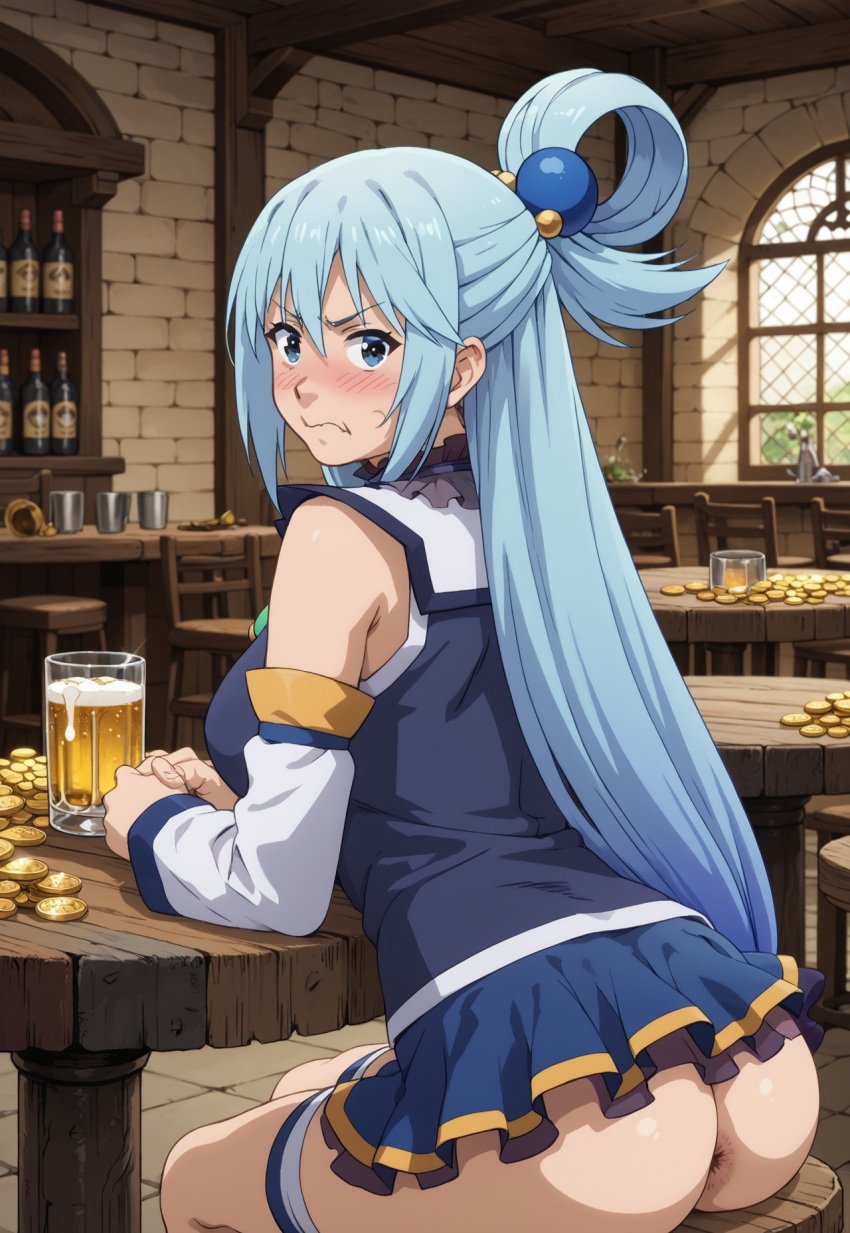 after_sex ai_generated angry angry_face anus aqua_(konosuba) aqua_eyes aqua_hair ass blue_eyes blue_hair clothed clothing echodantalian girl kono_subarashii_sekai_ni_shukufuku_wo! konosuba miniskirt story