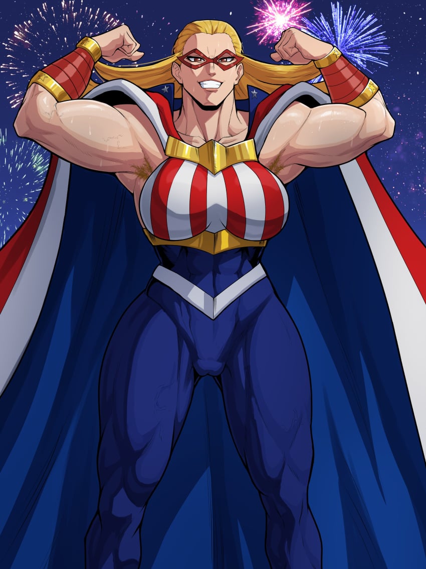 1girls 4th_of_july abs absurd_res american_flag armpit_hair armpits big_breasts blonde_hair bodysuit boku_no_hero_academia cameltoe cape cathleen_bate eye_mask female female_only fireworks flexing flexing_bicep flexing_both_biceps kokobiel looking_at_viewer muscles muscular muscular_female muscular_thighs my_hero_academia smiling smiling_at_viewer solo star_and_stripe_(my_hero_academia) teeth_showing