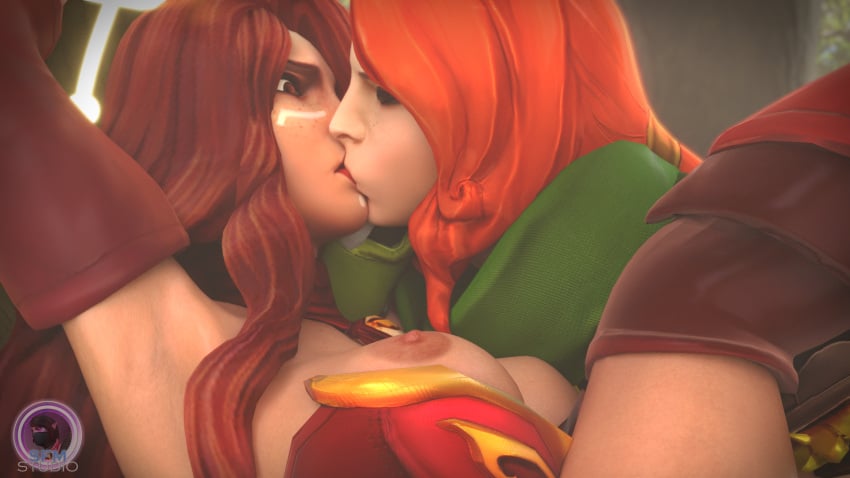 2girls 3d breasts dota_2 exposed_breasts female female_only forced forced_yuri ginger kissing lina nipples red_hair sfmstudio windranger yuri