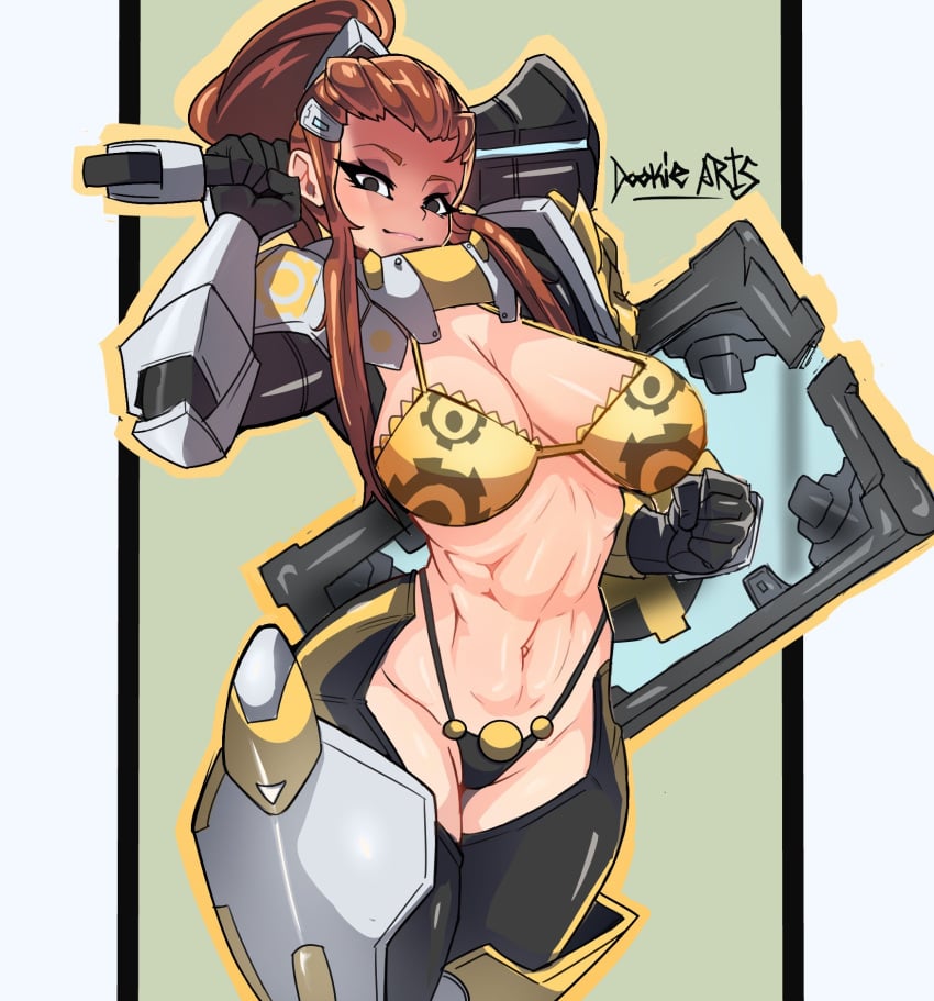 1girls abs big_breasts blizzard_entertainment bra brigitte brown_hair clothed clothing color dookie_arts female female_focus female_only fit_female hi_res large_breasts light-skinned_female light_skin long_hair looking_at_viewer muscles muscular muscular_female overwatch overwatch_2 panties solo solo_female superheroine tagme thick_thighs underwear