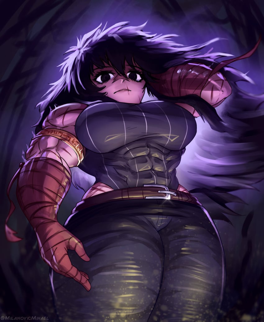 1girls 2024 absurd_res bandaged_arm big_breasts black_eyes black_hair female female_only hand_behind_head long_hair looking_at_viewer milanovicmihael muscular muscular_female ramia-yana ramia_(ramia-yana) scar_on_mouth scars scars_all_over solo thick_thighs viewed_from_below