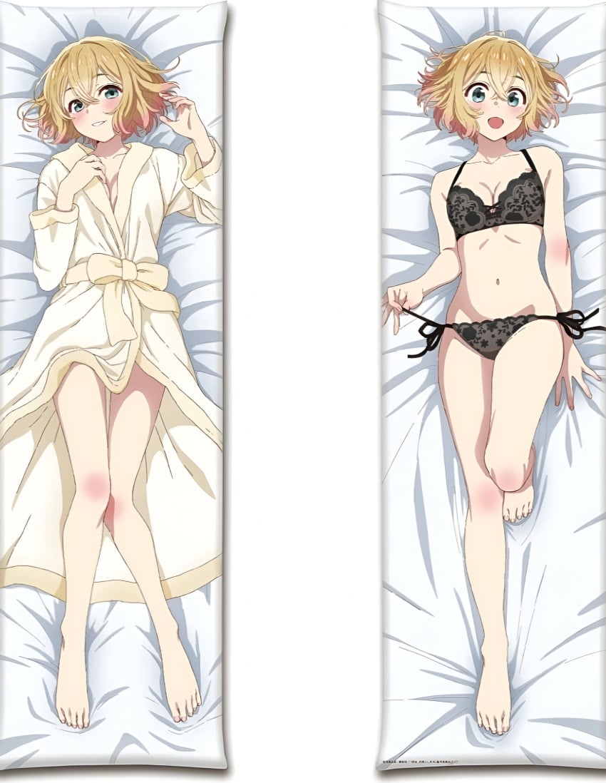 bare_arms bare_belly bare_legs bare_shoulders bare_thighs barefoot bathrobe bed_sheet belly_button black_bra black_panties black_underwear blonde_hair blue_eyes body_blush bra breasts cleavage collarbone dakimakura feet kanojo_okarishimasu knee_blush lying medium_breasts nanami_mami official_art open_mouth panties short_hair smile thighs toes underwear underwear_only