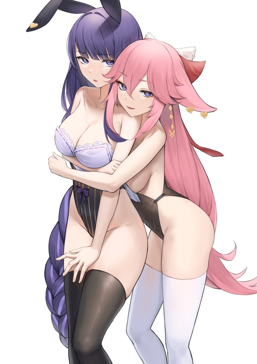 2girls absurd_res absurdres adult arm_around_partner arm_around_waist arm_under_breast arm_under_breasts bare_arms bare_ass bare_butt bare_chest bare_hands bare_hips bare_navel bare_shoulders bare_skin bare_thighs belly black_bunny_ears black_bunnysuit black_legwear black_leotard black_stockings black_thighhighs braid braided_hair braided_ponytail breasts breasts_pressed_against_partner bunny_ears bunnygirl bunnygirl_outfit bunnysuit cleavage collarbone covered_areola covered_areolae covered_breasts covered_crotch covered_nipples covered_pussy covered_vagina curvy curvy_ass curvy_body curvy_female curvy_figure curvy_hips curvy_thighs dot_nose elbows exposed exposed_arms exposed_legs exposed_shoulders exposed_thighs female female_focus female_only fingers genshin_impact groin hair_between_eyes hair_ornament hair_ornaments hair_ribbon half_naked hand_on_another's_arm hand_on_arm high_resolution highres hourglass_figure knees large_breasts legs legwear leotard light-skinned_female light_skin long_hair looking_at_viewer lordol multiple_females multiple_girls naked naked_female nervous nervous_expression nervous_face nervous_female nude nude_female pink_eyes pink_eyes_female ponytail purple_eyebrows purple_eyes purple_eyes_female purple_hair purple_hair_female pussy raiden_shogun red_hair_ribbon red_ribbon ribbon shoulders shy shy_expression sideboob simple_background slender_body slender_waist slim_girl slim_waist smile smiling smiling_at_viewer standing stockings thick_thighs thighhighs thighs thin_waist upper_body v-line very_long_hair white_background white_legwear white_leotard white_stockings white_thighhighs wide_hips yae_miko