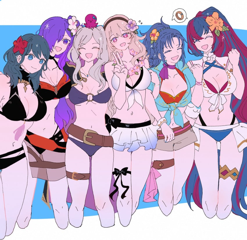 6+girls alear_(female)_(fire_emblem) alear_(female)_(seaside_dragon)_(fire_emblem) alear_(fire_emblem) alternate_costume alternate_hairstyle ass_visible_through_thighs bikini black_bikini black_swimsuit blue_bikini blue_swimsuit breasts byleth_(female)_(fire_emblem) byleth_(female)_(summer)_(fire_emblem) byleth_(fire_emblem) cleavage corrin_(female)_(fire_emblem) corrin_(female)_(summer)_(fire_emblem) corrin_(fire_emblem) criss-cross_halter crossed_bangs female female_only fire_emblem fire_emblem:_mystery_of_the_emblem fire_emblem:_new_mystery_of_the_emblem fire_emblem:_three_houses fire_emblem_awakening fire_emblem_engage fire_emblem_fates fire_emblem_heroes fire_emblem_warriors:_three_hopes flower hair_flower hair_ornament hair_over_one_eye halterneck hibiscus highres kris_(female)_(fire_emblem) kris_(fire_emblem) large_breasts long_hair medium_breasts multicolored_bikini multicolored_clothes multicolored_hair multicolored_swimsuit multiple_girls navel nintendo official_alternate_costume official_alternate_hairstyle purple_bikini purple_eyes purple_hair purple_swimsuit red_bikini red_swimsuit robin_(female)_(fire_emblem) robin_(female)_(summer)_(fire_emblem) robin_(fire_emblem) sasaki_(dkenpisss) shez_(female)_(fire_emblem) shez_(female)_(summer)_(fire_emblem) shez_(fire_emblem) shorts split-color_hair stomach swimsuit trait_connection underboob white_bikini white_swimsuit