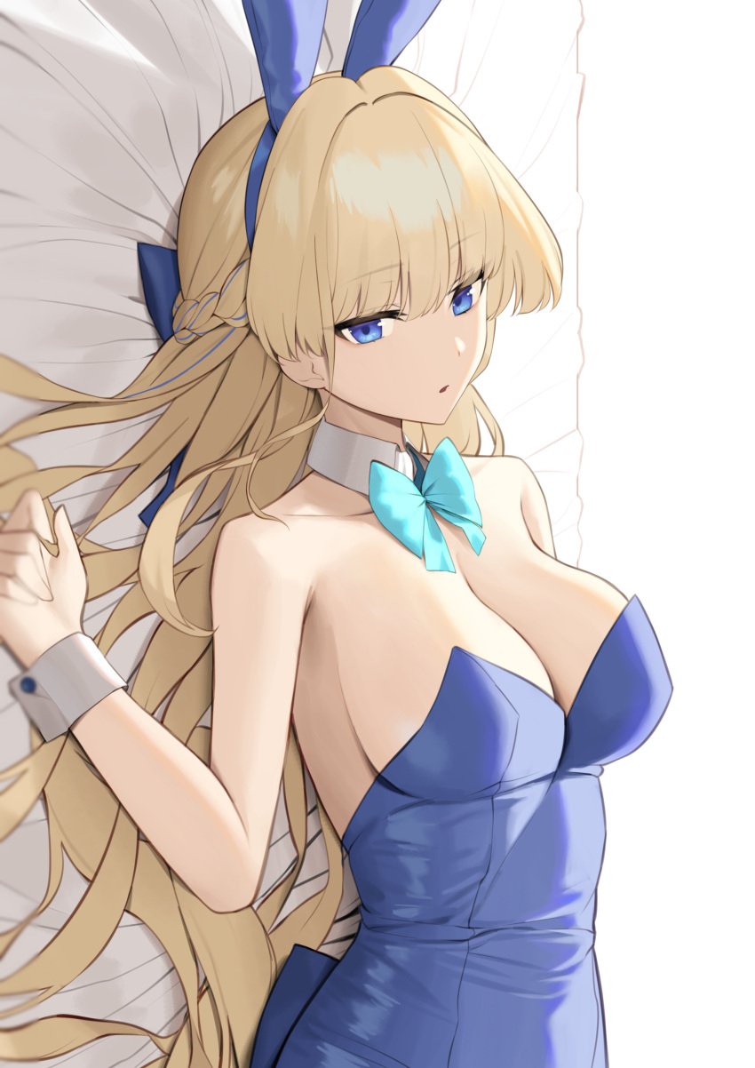 absurd_res absurdres animal_ears aqua_bow aqua_bowtie areola_bulge bare_armpits bare_arms bare_chest bare_hands bare_shoulders bare_skin blonde_female blonde_hair blonde_hair_female blue_archive blue_bowtie blue_bunny_ears blue_eyes blue_eyes_female blue_hair_ribbon blue_hairband blue_leotard blue_ribbon bow bowtie braid breasts bunny_ears bunny_girl bunnysuit cleavage collar collarbone detached_collar fake_animal_ears female hair_ribbon hairband high_resolution highres large_breasts laying_down laying_on_back laying_on_bed leotard long_hair looking_at_viewer lordol lying nipple_bulge official_alternate_costume on_back parted_lips playboy_bunny rabbit_ears ribbon sideboob slender_body slender_waist slim_girl slim_waist solo strapless strapless_leotard thin_waist toki_(blue_archive) toki_(bunny)_(blue_archive) white_collar white_wrist_cuffs wrist_cuffs