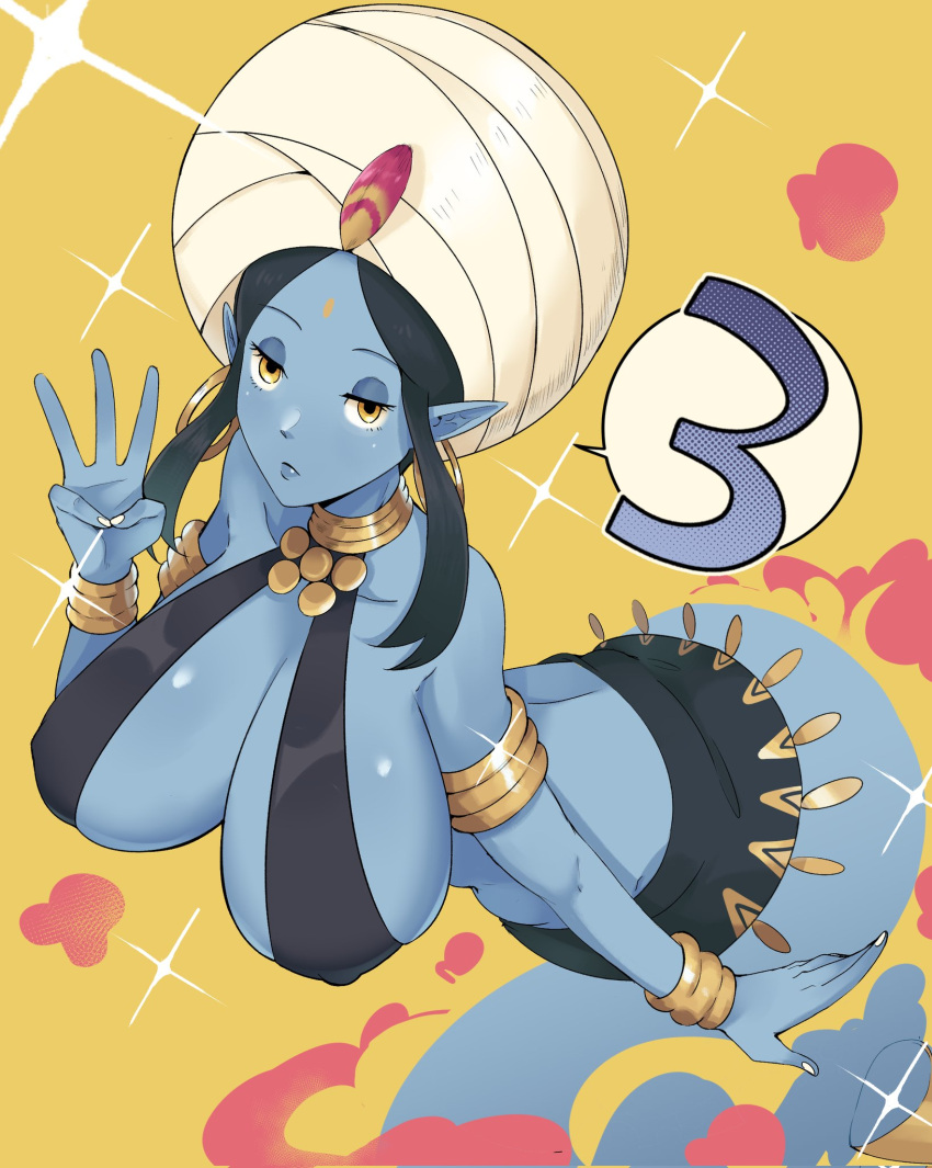 1girls 2023 big_breasts blue_skin female female_only genie genie_(harusame10000) hi_res jewelry looking_at_viewer narrowed_eyes pointy_ears solo turban unamused wanderjegson yellow_eyes