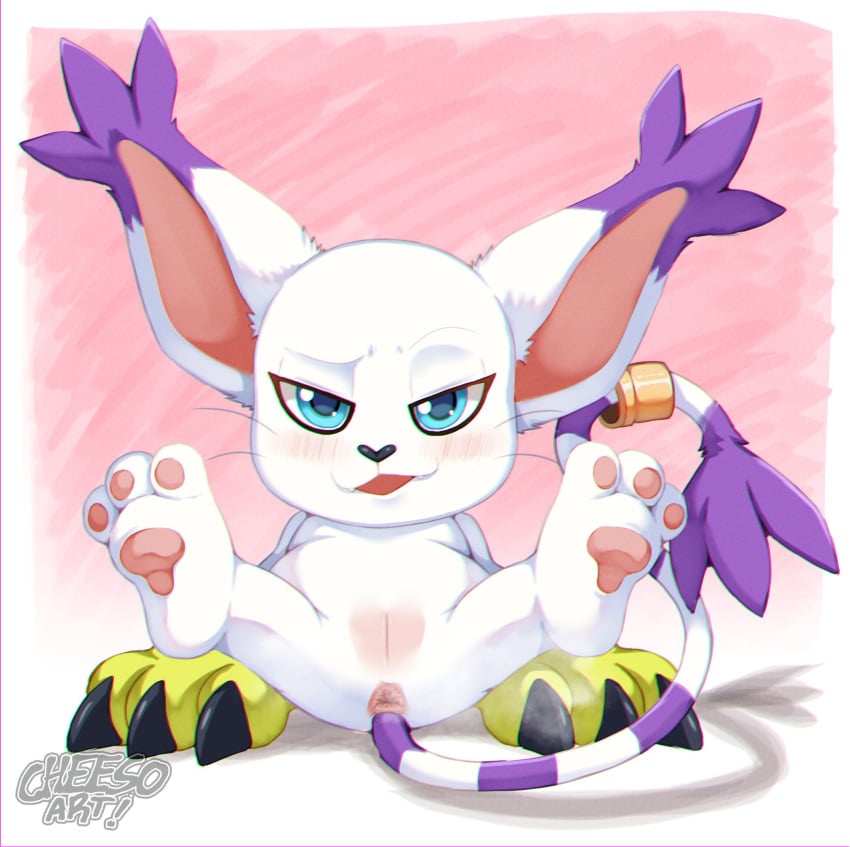 2024 anus blue_eyes blush cheesoart digimon digimon_(species) feline female gatomon hi_res inviting legs_apart legs_up looking_at_viewer narrowed_eyes pawpads pussy sitting smiling smiling_at_viewer smug_face tail tail_ring