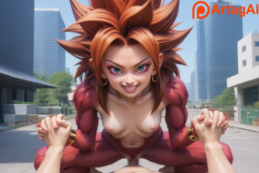 ai_generated artagai caulifla censored cowgirl_position dragon_ball dragon_ball_gt dragon_ball_super holding_hands interlocked_fingers looking_at_viewer mosaic_censoring pov pov_eye_contact smile squatting_cowgirl_position super_saiyan_4 vaginal_penetration watermark