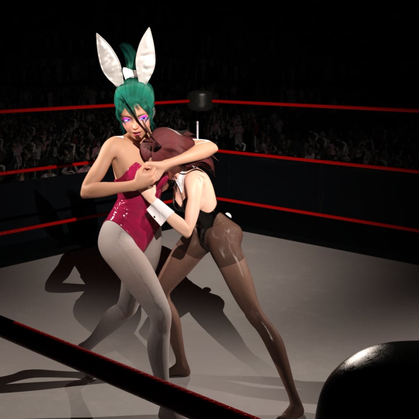 3d black_bunnygirl_costume black_bunnysuit bunnysuit burnette catfight d.va d.va_(overwatch_2) green_hair headlock kiriko_(overwatch) nylons overwatch overwatch_2 red_bunnysuit submission_hold wrestler wrestling wrestling_ring