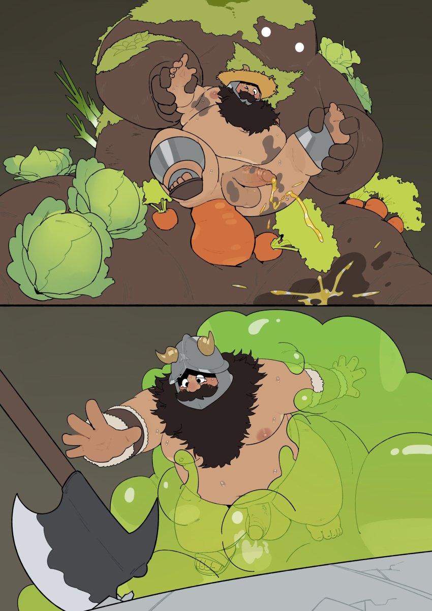 1boy absurdres anal axe bara beard big_belly bound cabbage dungeon_meshi dwarf facial_hair fake_horns fat fat_man golem golem_(dungeon_meshi) helmet highres horned_helmet horns long_beard male_focus monster moustache peeing penis quanjiang senshi_(dungeon_meshi) sex size_difference slime_(creature) split_screen tearing_up thick_mustache uncensored very_long_beard yaoi