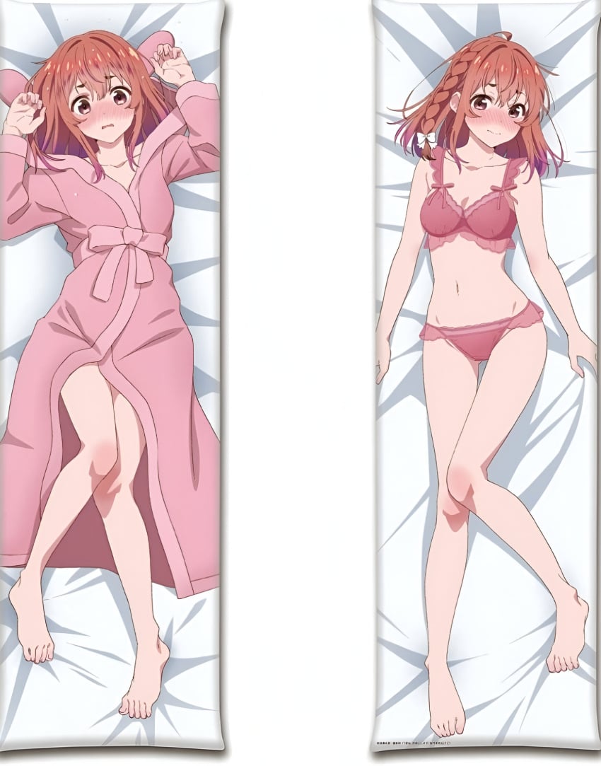 1girls bare_arms bare_belly bare_legs bare_shoulders bare_thighs barefoot bathrobe bed_sheet belt blush bra breasts cleavage collarbone dakimakura dakimakura_design embarrassed feet female hair_ribbon kanojo_okarishimasu knee_blush long_hair lying medium_breasts mouth_closed official_art open_mouth panties raised_arms red_bra red_eyes red_hair red_panties red_underwear sakurasawa_sumi thighs toes underwear underwear_only