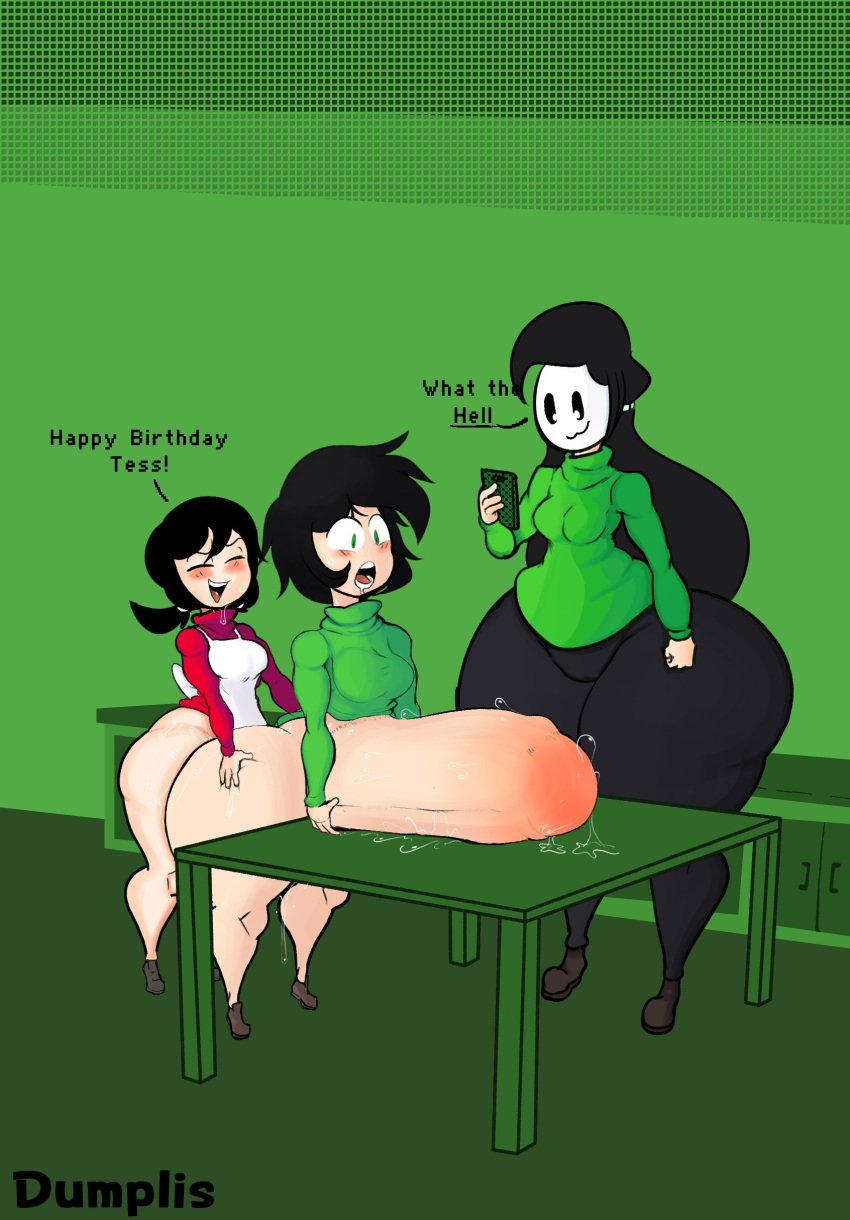 1futa 2girls ass_bigger_than_head birthday black_hair bottom_heavy bottomless breasts character_request clothed clothing deep_penetration dialogue dumplis_(artist) english_text erection female futa_on_female futanari huge_ass human hyper_ass hyper_penetration hyper_penis hyper_stomach_bulge light-skinned_female light-skinned_futanari light_skin long_hair partially_clothed penetration penis recording recording_on_phone sex short_hair shortstack standing stomach_bulge stomach_deformation text thick_thighs topwear wide_hips