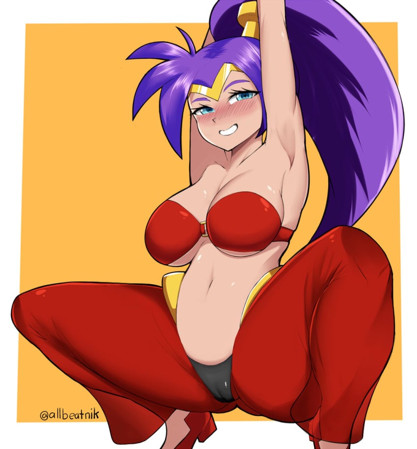 1girls allbeatnik blue_eyes bra earrings female female_only looking_at_viewer panties pinup_pose pointy_ears ponytail purple_hair shantae shantae_(character) smooth_skin solo squatting tiara white_background