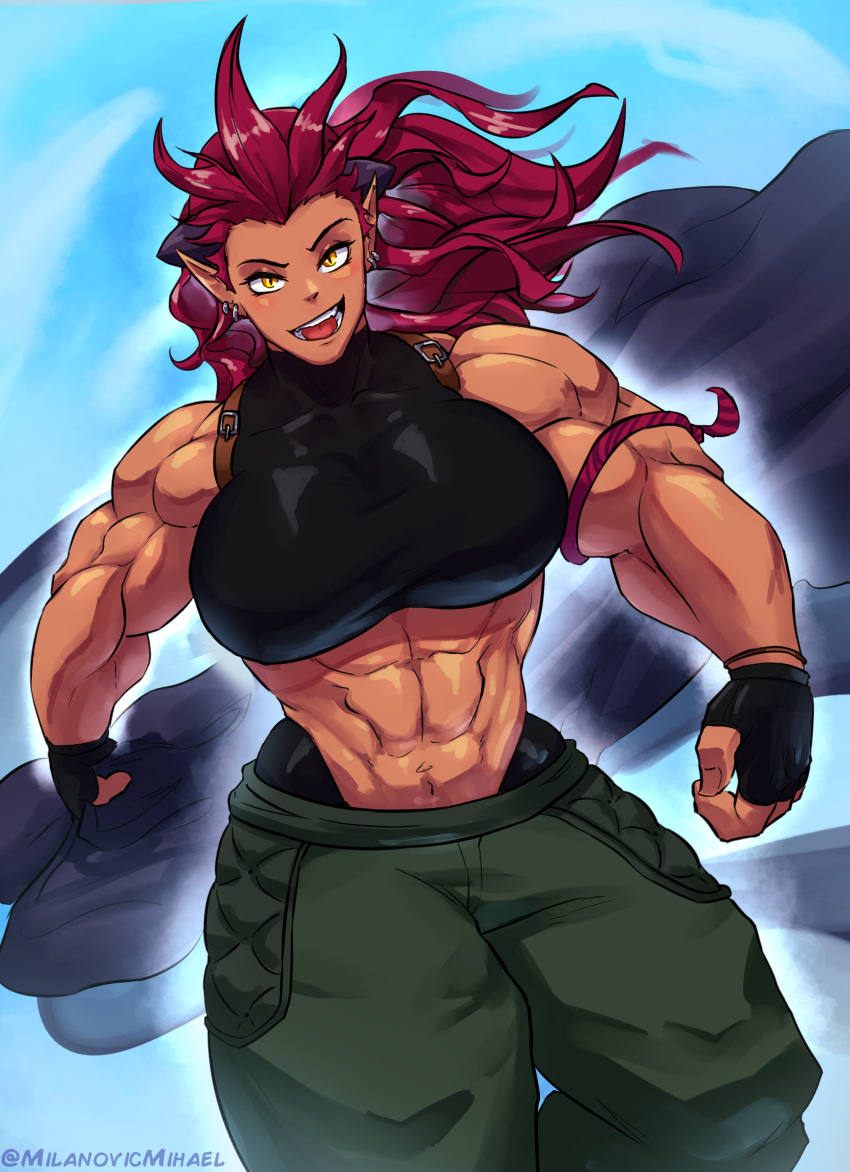 1girls 2024 absurd_res ali_(sotcho) big_breasts female female_only fingerless_gloves long_hair looking_at_viewer milanovicmihael muscles muscular muscular_female pants pointy_ears red_hair smiling smiling_at_viewer solo topwear yellow_eyes