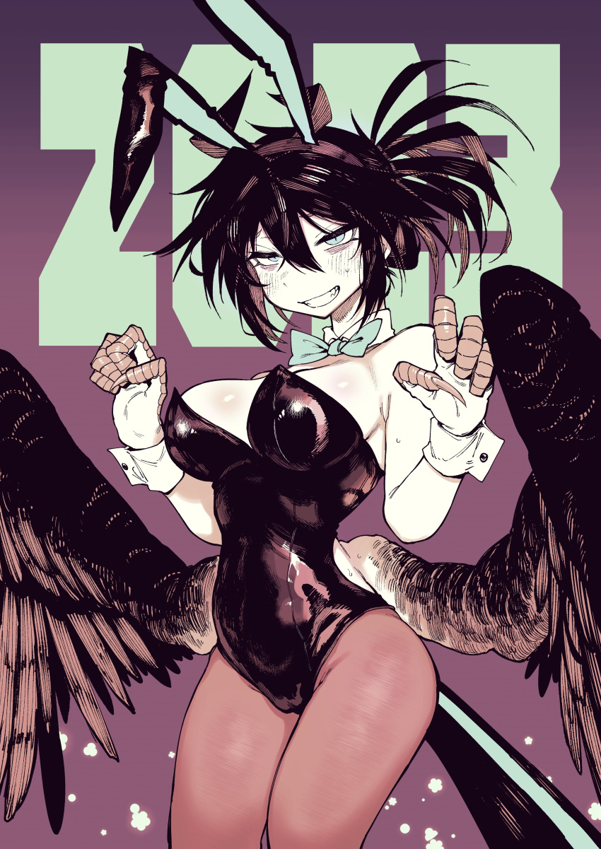 antenna_hair bags_under_eyes black_hair bow breasts bunny_ears bunny_girl bunnysuit claws cute gradient_background grin karasu_raven low_wings messy_hair monster monster_girl smile wings