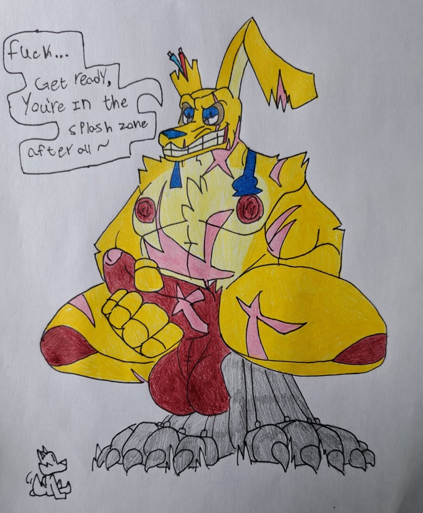 ambiguous_gender anthro barazany420 bedroom_eyes bow_tie canid clenched_teeth dialogue duo five_nights_at_freddy&#039;s five_nights_at_freddy&#039;s_3 foreskin fur genitals hi_res hyper hyper_genitalia imminent_orgasm lagomorph leporid macro male male/ambiguous mammal masturbation micro muscular muscular_male narrowed_eyes nipples penis rabbit red_body red_skin robotic_limb rotting scar scottgames seductive smile springtrap springtrap_(fnaf) tail tail_motion tailwag teeth undead wounded yellow_body yellow_fur zombie