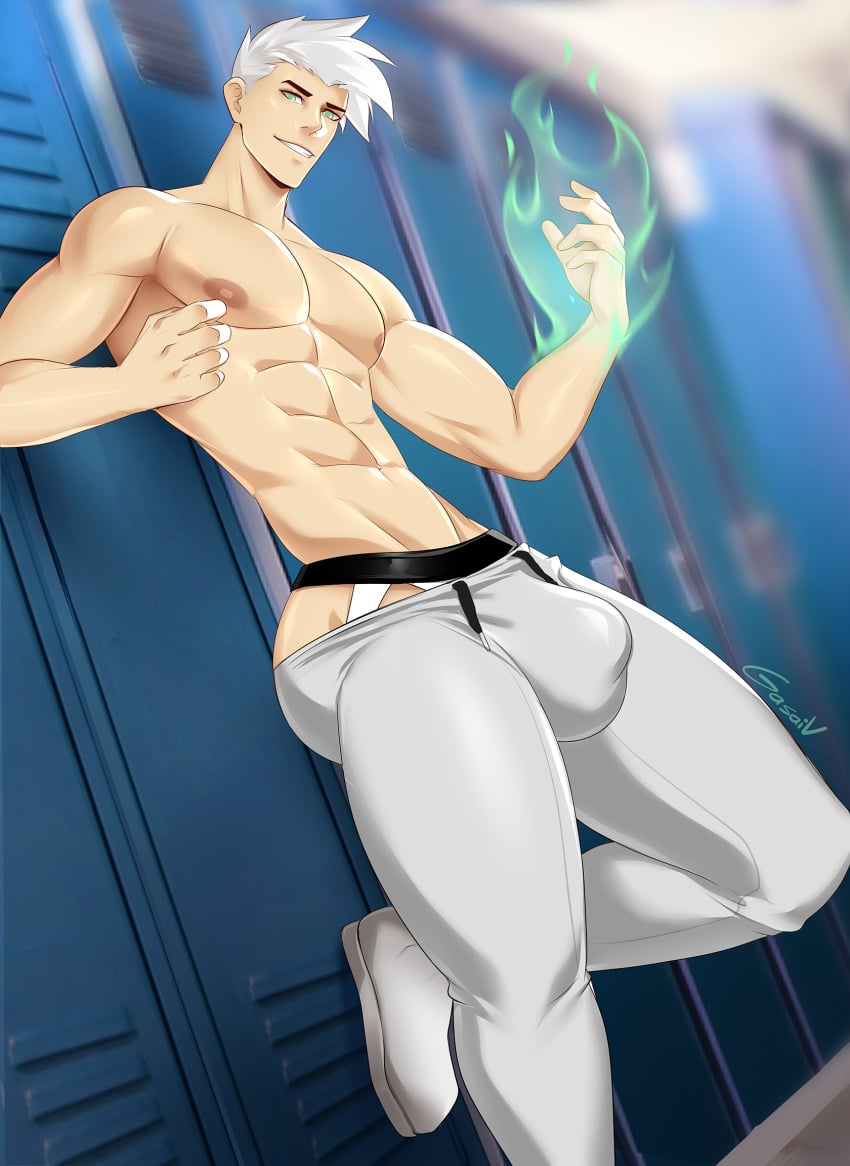 1boy abs bulge cocky danny_fenton danny_phantom fire fire_manipulation flaming_hand gasaiv green_fire jockstrap leaning leaning_against_locker leaning_back locker looking_at_viewer looking_down looking_down_at_viewer low-angle_view male male_only muscular muscular_arms muscular_thighs pecs pov pov_eye_contact smile smiling_at_viewer solo solo_male standing standing_over_viewer sweatpants tight_clothing topless underwear white_hair