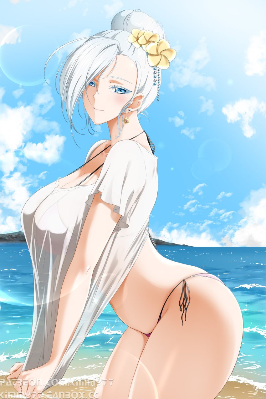 1girls alternate_version_available ass beach big_breasts bikini bikini_bottom blue_eyes bottomwear breasts ear_piercing earrings female female_only flower flower_in_hair hair hair_ornament hairbun hips huge_breasts kimmy77 pink_bikini_bottom rwby shirt solo solo_female swimwear thighs topwear white_hair white_shirt winter_schnee