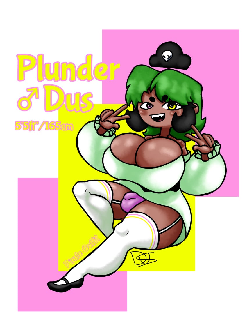 big_ass big_breasts big_butt black_hair blush bulge bulge_through_clothing busty busty_boy circle_eyebrows clothed color dark_skin digital_drawing_(artwork) digital_media_(artwork) dress dus femboy femboy_only glistening glistening_body glistening_skin green_hair huge_ass huge_breasts looking_at_viewer male male_only original original_character panties peace_sign pink_eyes pink_panties pirate pirate_hat pirate_outfit plunder_(dus) shaded sharp_teeth shoes skindentation solo solo_focus solo_male stockings tanned tanned_skin thick_thighs thighhighs thunder_thighs yellow_eyes