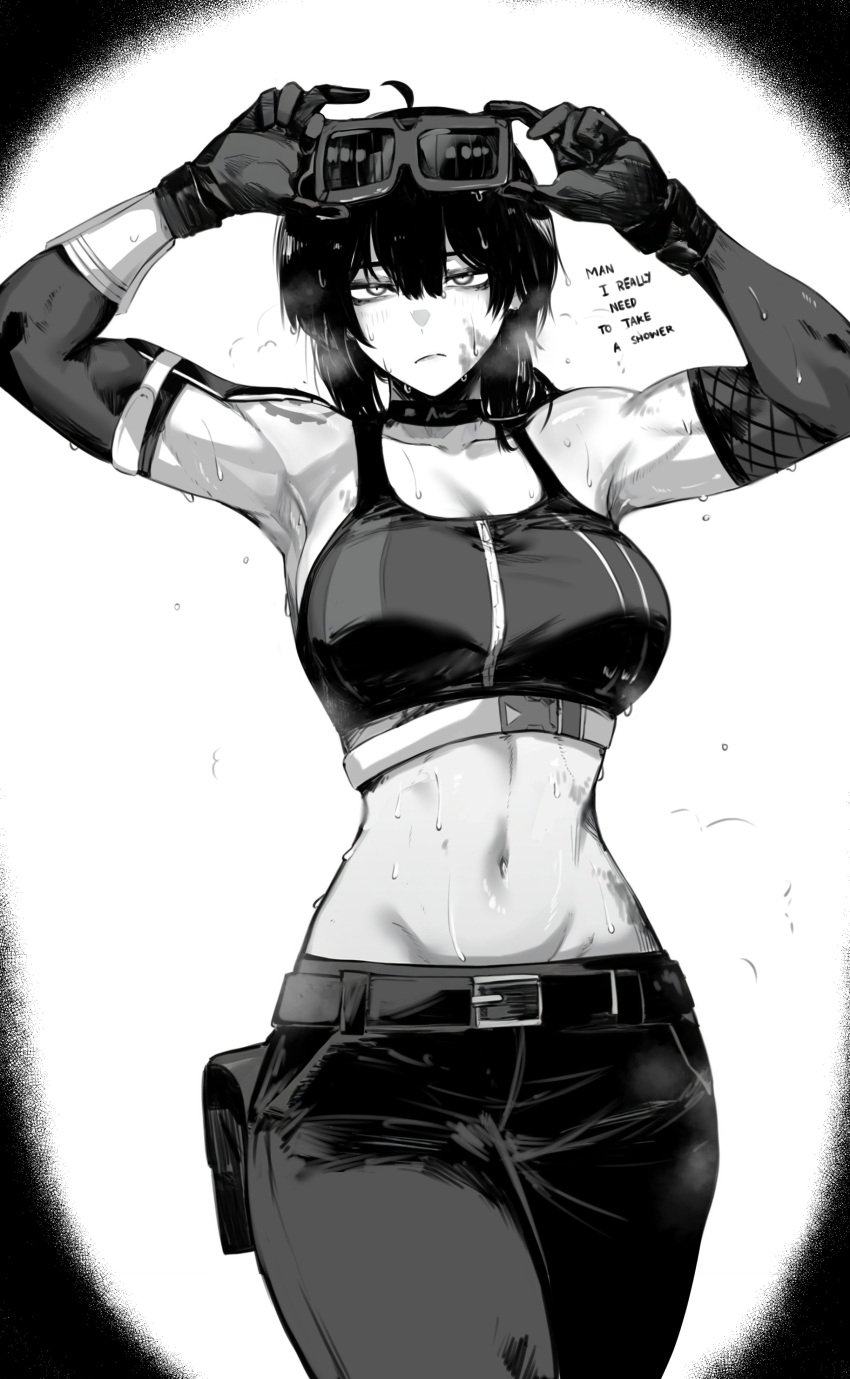 1girls armpits arms_up belly belly_button big_breasts black_and_white clothed dirt dirty female female_only fully_clothed goggles goggles_on_head grace_howard hoyoverse large_breasts masoq095 mechanic mihoyo monochrome sweat sweating sweaty tagme tomboy tummy zenless_zone_zero