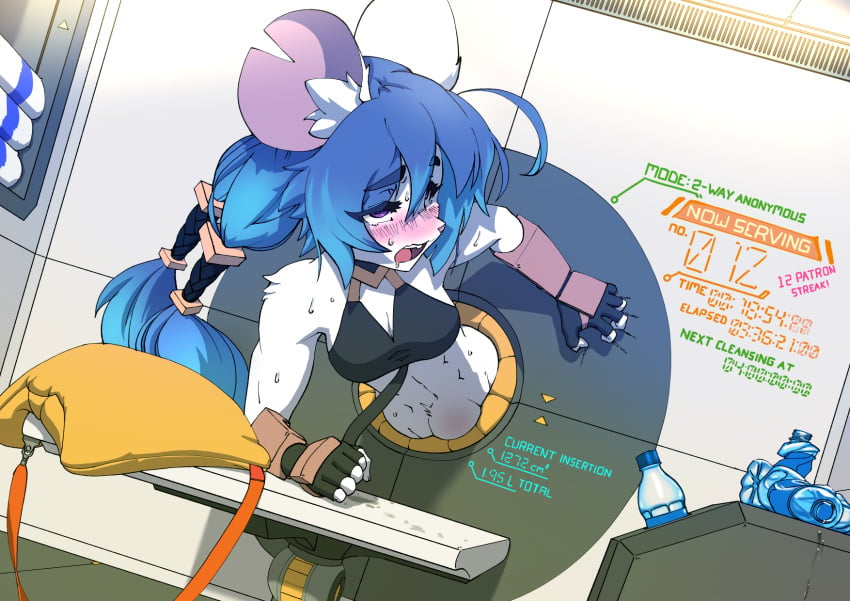 ahe_gao ambiguous_gender anthro blue_hair blush bra clothing female glory_hole hair hi_res hole_in_wall jecbrush long_hair looking_pleasured mammal notched_ear ponytail rodent solo stomach_bulge text through_wall underwear