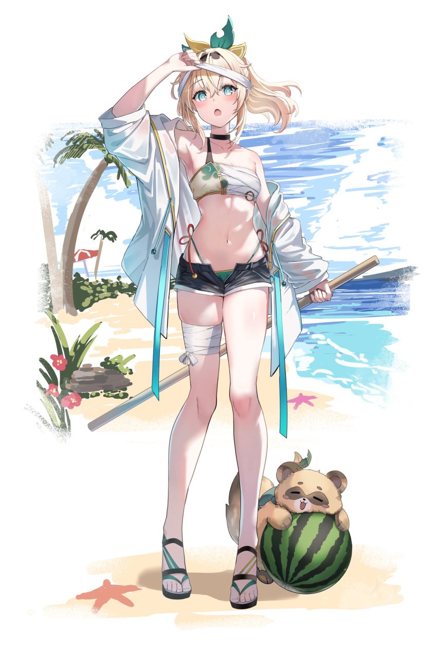 absurdres bandages beach blonde_hair breasts chacha_zo female highres hololive jacket kazama_iroha looking_at_viewer medium_breasts off_shoulder short_shorts shorts virtual_youtuber