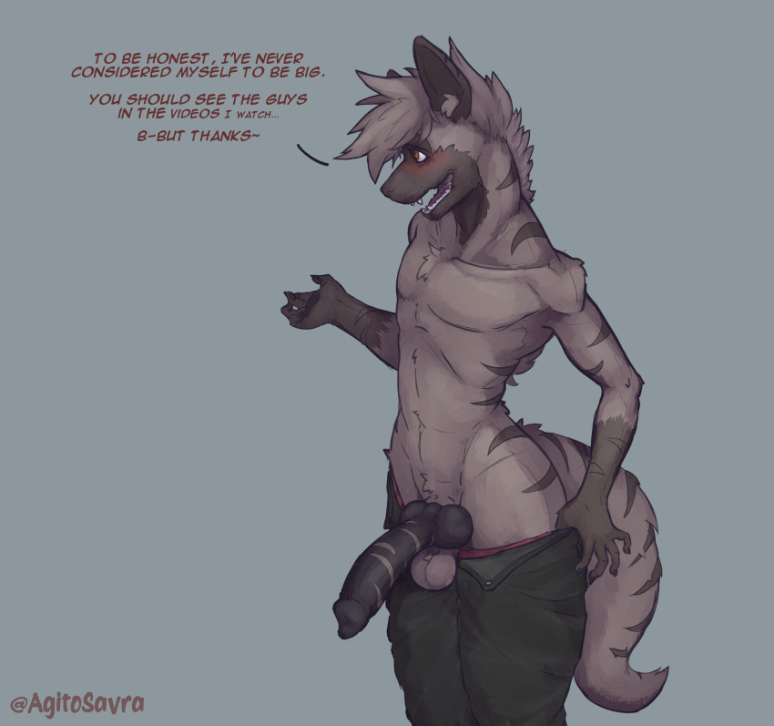 absurd_res agito-savra anthro balls chest_tuft clothed clothing english_text genitals girly hi_res hyaenid knot long_penis male mammal mohawk pants_down partially_clothed pawpads pecs penis pubes shy solo solo_focus striped_hyena stripes text topless tuft wide_hips