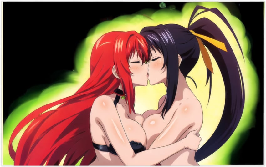 2024 2d 2girls ai_generated akeno_himejima aura big_breasts black_background black_hair blush bra closed_eyes dark_background demon demon_girl energy female female_only girl_on_girl high_school_dxd lesbian_couple lesbian_kiss light-skinned_female light_skin long_hair naked non-human red_hair rias_gremory straight_hair teenage_girl teenager topless upper_body white_border yuri