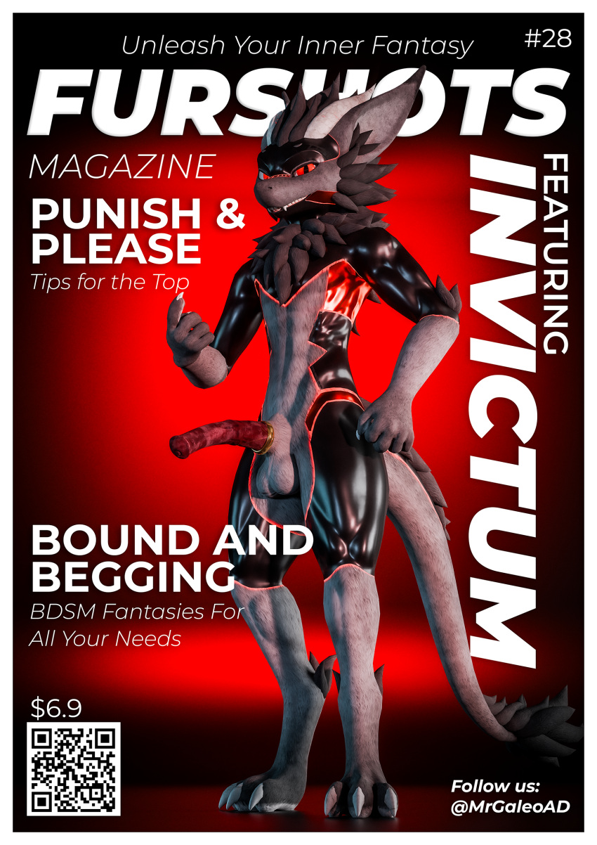 3d_(artwork) absurd_res animal_genitalia animal_penis anthro anthro_only balls blender_(artwork) blender_cycles cover digital_media_(artwork) equine_genitalia equine_penis erection fur genitals hair hi_res looking_at_viewer magazine magazine_cover male mammal mrgaleo multicolored_body multicolored_fur muscular muscular_anthro muscular_male nude penis red_eyes rexouium simple_background smile solo tail two_tone_body two_tone_fur