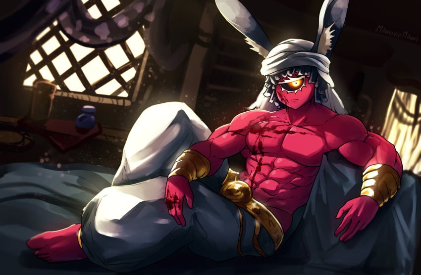 1boy 2024 abs absurd_res barefoot black_hair black_sclera blood blood_on_body bunny_boy bunny_ears cyclops demon detailed_background dreadlocks glowing_eyes looking_at_viewer lunhare_soma male male_only milanovicmihael muscles muscular muscular_male ramia-yana red_skin shaded solo turban yellow_eyes