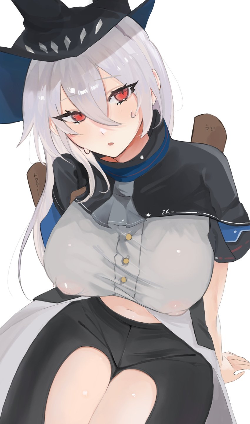 1girls alternate_version_available arknights dddddvkoko female female_only huge_breasts nipples_visible_through_clothing red_eyes skadi_(arknights) sweat