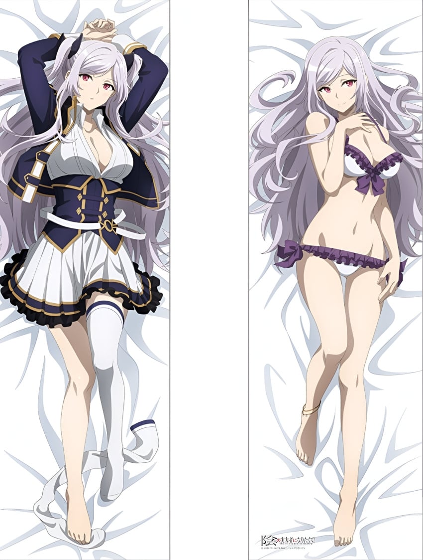 alexia_midgar arms_behind_head bare_arms bare_belly bare_legs bare_shoulders bare_thighs barefoot bed_sheet belly_button big_breasts bra breasts cleavage dakimakura dakimakura_design feet jacket kage_no_jitsuryokusha_ni_naritakute! long_hair loose_hair lying mouth_closed official_art open_mouth panties purple_hair red_eyes single_thighhigh skirt smile the_eminence_in_shadow thighhighs thighs toes twintails underwear underwear_only white_thighhighs zettai_ryouiki