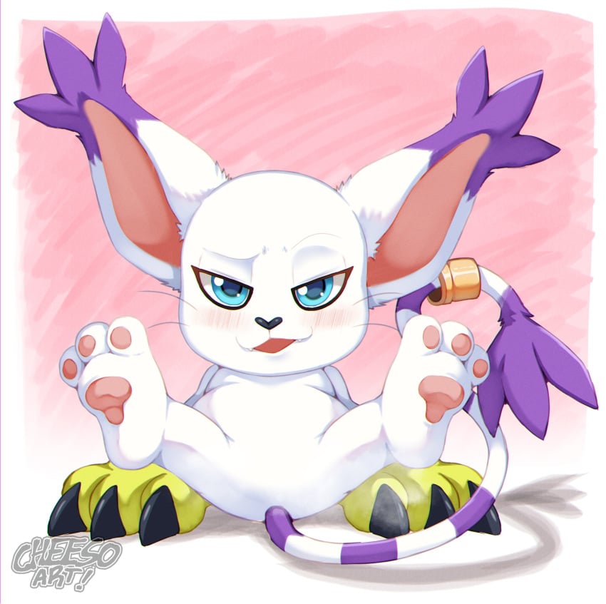 2024 blue_eyes blush cheesoart digimon digimon_(species) feline gatomon hi_res inviting legs_apart legs_up looking_at_viewer narrowed_eyes pawpads sitting smiling smiling_at_viewer smug_face tail tail_ring