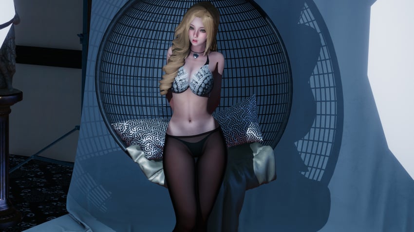 3d belly belly_button black_bra black_panties blonde_female blonde_hair blonde_hair_female blush boobs bra breasts caribdis eternum female female_focus female_only hands_behind_back hazel_eyes large_breasts light light-skinned_female light_skin looking_at_viewer multicolored_bra multicolored_underwear necklace neckwear open_mouth penelope_(eternum) shadow shoes solo solo_female solo_focus standing stockings tits underwear white_bra