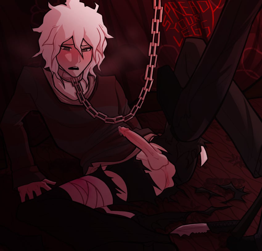 bigsyo black_hair black_pants black_shoes black_suit chain_leash collar danganronpa danganronpa_ultra_despair_girls exposed exposed_ass izuru_kamukura nagito_komaeda ripped_clothing ripped_pants ripped_underwear servant spread_legs spreading sweater undershirt white_hair