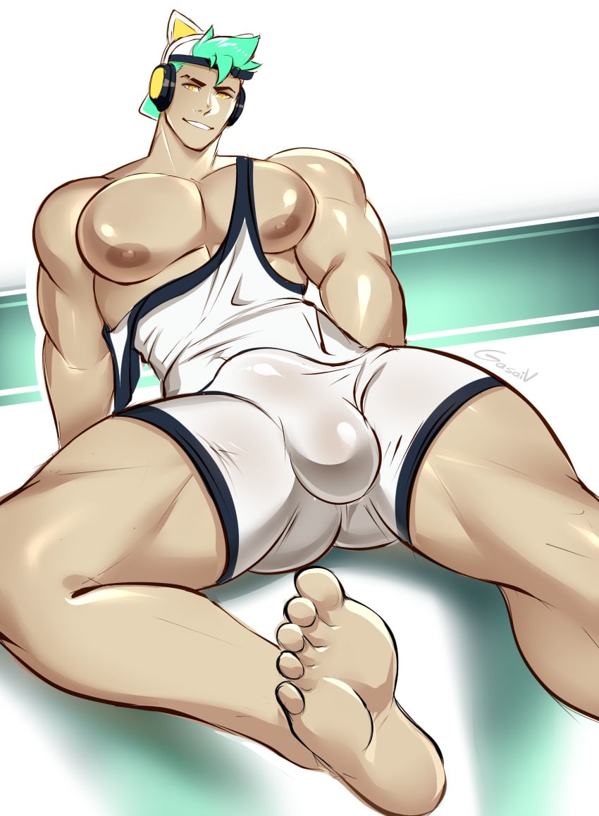 1boy arm_support backwards_baseball_cap ball_bulge baseball_cap big_bulge big_chest big_pecs bulge cat_ear_headphones cocky feet feet_towards_viewer gasaiv green_hair headphones headphones_on_head legs_apart looking_at_viewer male male_only muscular muscular_arms muscular_chest muscular_thighs naughty_face nipples original_character pecs penis penis_outline pov pov_eye_contact reclining sitting skin_tight smile smiling_at_viewer solo solo_male tight_clothing wrestling_outfit wrestling_singlet