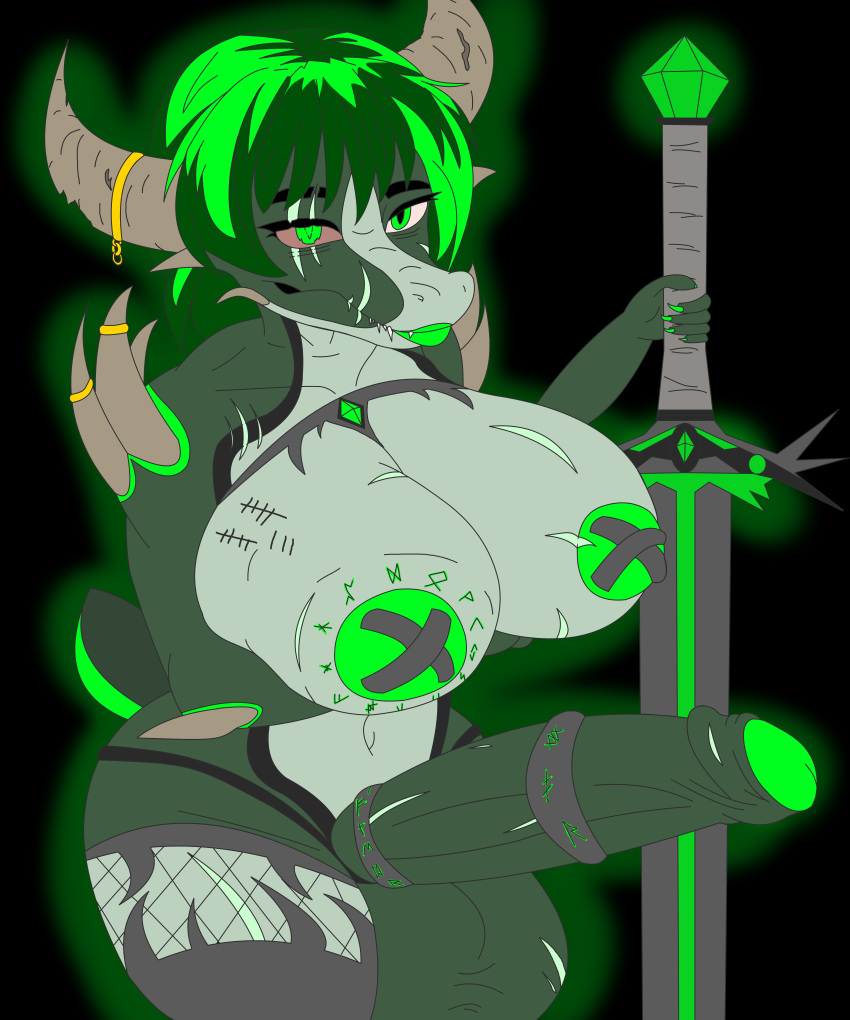 absurd_res accessory anthro balls breasts clothing cock_ring dragon erection fishnet futanari genitals glowing green_body green_eyes green_hair green_nipples green_penis grey_body gynomorph hair hi_res horn humanoid_genitalia humanoid_penis hyper intersex jewelry legwear lipstick makeup melee_weapon miomorus navel nipples penis penis_accessory penis_jewelry runes runes_on_skin scar solo stockings sword teeth weapon