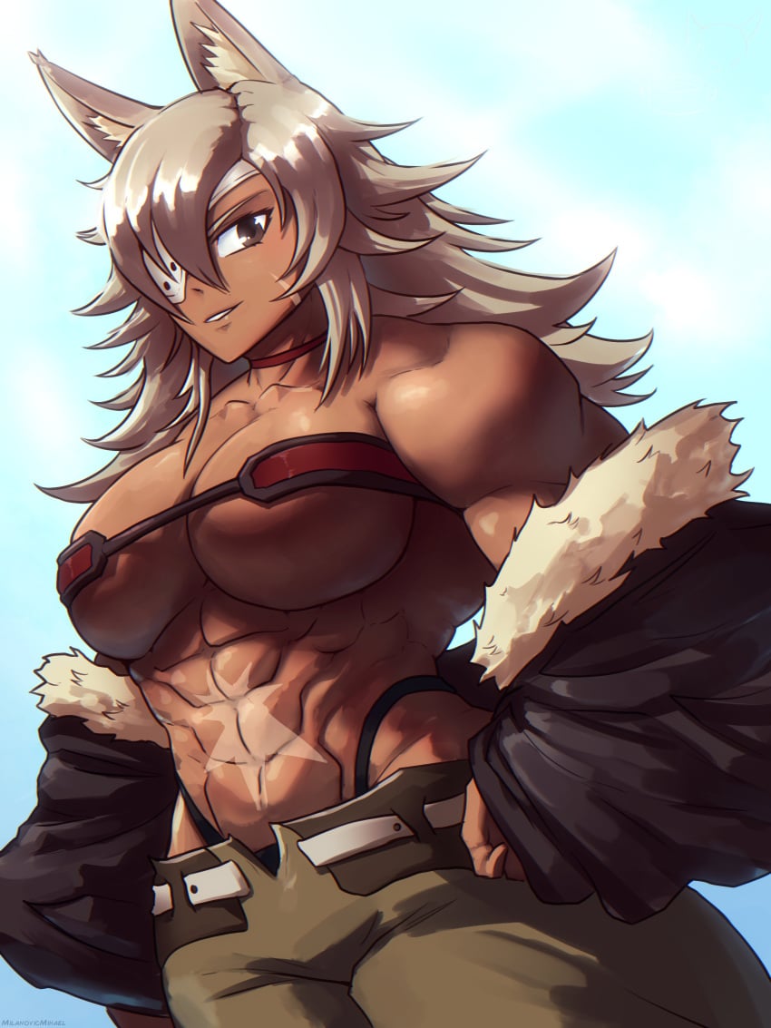 1girls 2024 abs absurd_res big_breasts breasts brown_eyes cat_ears catgirl dark-skinned_female dark_skin eyepatch female female_only ghislaine_dedoldia green_hair jacket_off_shoulders long_hair looking_at_viewer milanovicmihael muscular muscular_female mushoku_tensei scar scar_on_stomach solo