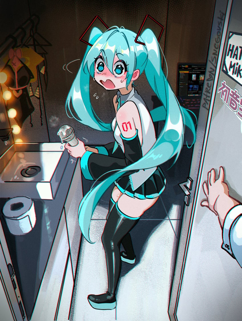 1boy @_@ absurdres aqua_eyes aqua_hair arm_tattoo black_skirt black_sleeves black_thighhighs blush caught character_name computer detached_sleeves female grey_shirt hatsune_miku highres holding holding_microphone implied_masturbation laptop long_hair microphone miniskirt nose_blush number_tattoo open_mouth patreon_username pleated_skirt pornhub shirt skirt snegovski suggestive_fluid tattoo thighhighs toilet twintails vocaloid