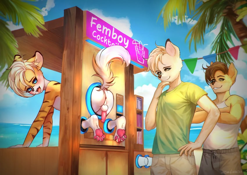 anthro ass balls beach blush bound erection exhibitionism femboy free_use furry genitals group hi_res kemono looking_at_viewer looking_back male male/male mammal muscular muscular_male nature nude outside pawpads paws penis public_use smile through_wall trio zeefirka